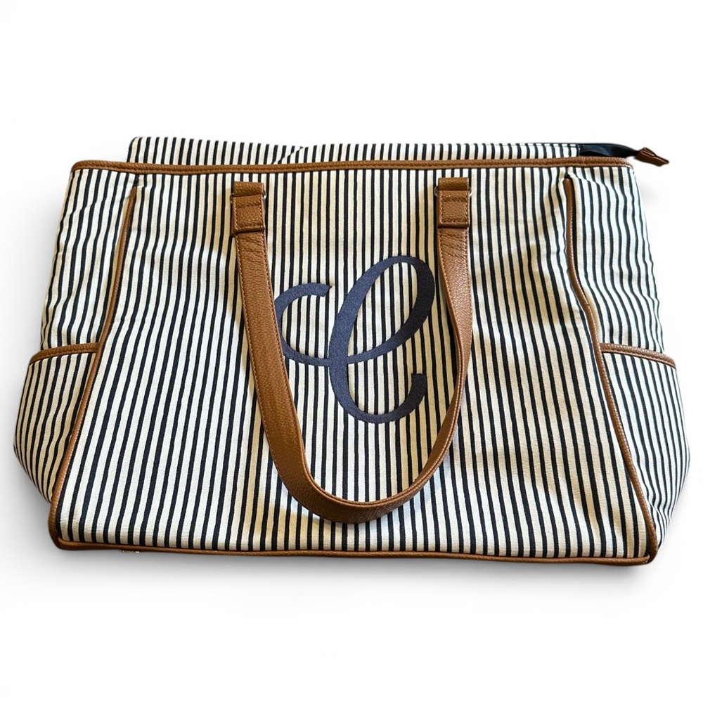 Thirty-One Navy Striped Cindy Tote Bag with “C” Monogram